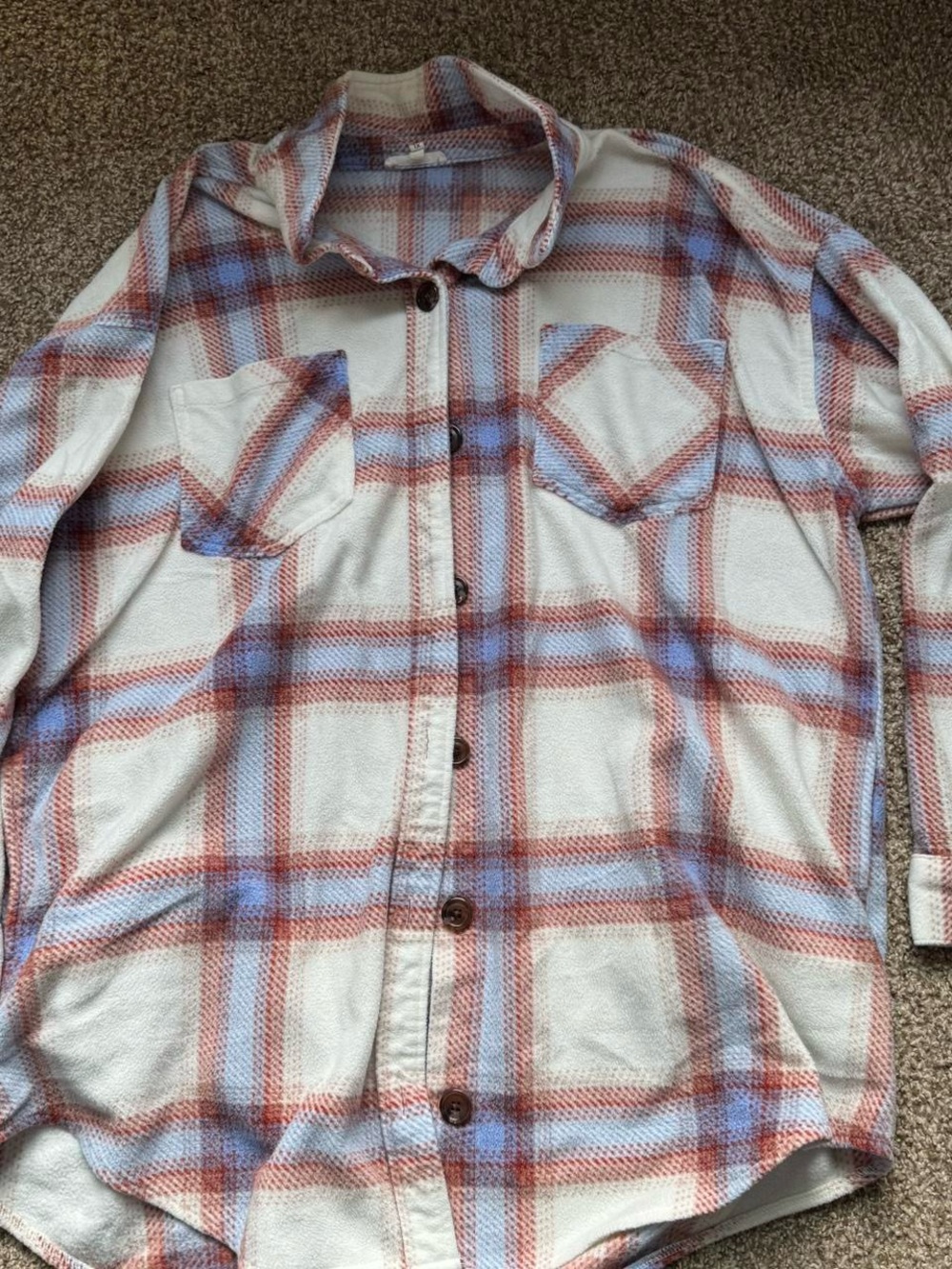 Maurices White Plaid Button-Up with Blue and Rust Stripes